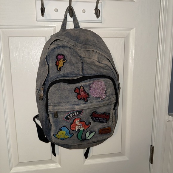 Disney Loungefly Ariel Little Mermaid Flounder Blue Denim Backpack With Patches main image 12